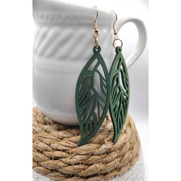 Green Leaf Plant Drop Hollow Earrings - Picture 1 of 5